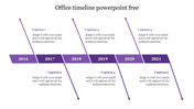 Office timeline PowerPoint slide with years from 2016 to 2021, each marked by a purple arrow and caption.