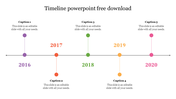 Timeline PowerPoint template from 2016 to 2020 with colorful milestones for each year with placeholder text.