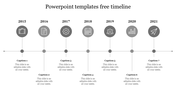 Grayscale horizontal timeline with circular icons for years 2015 to 2021, each linked to captions below.