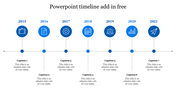 Timeline PowerPoint slide with years 2015 to 2021, each marked with a blue icon and connected by a horizontal line.