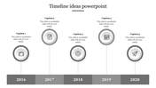 A monochrome timeline infographic spanning from 2016 to 2020, with circular grey icons and captions.