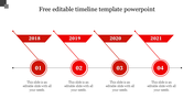 Timeline slide with red triangular labels for years and numbered circular steps from 01 to 04, on a black horizontal line.