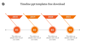 Orange project timeline PPT template highlighting milestones from 2018 to 2021 with numbered steps and placeholder text.