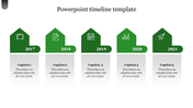 Horizontal timeline with five green house shaped markers for 2017-2021, each containing an icon and a gray caption box below.