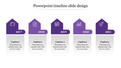 Project timeline with five purple blocks shaped like houses, each featuring icons and years in white text.