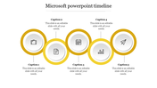 Yellow and white circular timeline infographic slide with five milestones, each represented by an icon and placeholder text.
