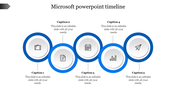Horizontal timeline with five blue bordered circles featuring business related icons, each linked to a caption below.