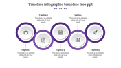 Purple and white circular timeline infographic slide with five milestones, each represented by an icon and placeholder text.