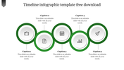 Horizontal timeline with five green bordered circles featuring business-related icons, each linked to a caption below. 