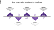Timeline slide with purple color scheme, showing semicrcular year markers from 2016 to 2020, each with an icon and captions.