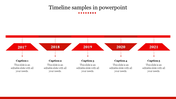 Linear timeline with five red milestone markers suspended from a top bar, linked to placeholder text areas.