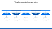 Horizontal blue timeline with five downward pointing trapezoids labeled from 2017 to 2021, each with captions below.