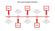 Horizontal timeline with five red-outlined square markers for 2017-2021, connected by a line with arrows pointing to captions.