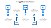Blue themed timeline with square markers for 2017 through 2021, each with a corresponding caption beneath.