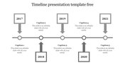 Linear timeline featuring five gray square milestones positioned above and below a horizontal line, each linked to captions.