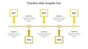 Timeline slide featuring five yellow square markers with arrows, for the years 2017 to 2021, each with a caption.