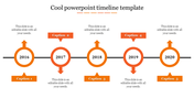 Timeline slide with five orange circular years from 2016 to 2020, marked by arrows pointing upward and downward.