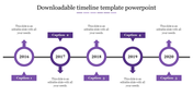Purple themed timeline PPT template with five milestone years and directional arrows with captions and placeholder text.