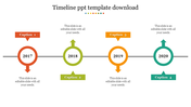 Colorful timeline PowerPoint template with four milestone years and labeled directional arrows with captions.