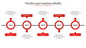 Project timeline with five circular markers labeled 2016-2020 in red, connected by a horizontal line, captions areas.