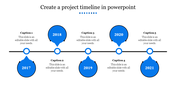 Blue themed project timeline PowerPoint template with five milestone years displayed along a horizontal line with captions.