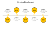 Business timeline infographic with yellow milestone markers for 2017-2021, connected by a black line with captions. 