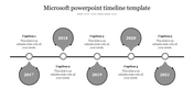 Grey themed project timeline PowerPoint template with five milestone years displayed along a horizontal line with captions.