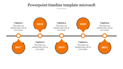 Horizontal timeline featuring five orange pointer-shaped markers for 2017-2021, each connected to a caption areas.
