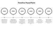 Timeline with six steps in gray circles, each representing a phase in a project from milestones to completion.
