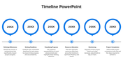 Horizontal timeline featuring six blue outlined circles labeled 20XX, connected to a line with captions areas.