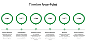 Horizontal timeline with six green circular icons connected by a black line, each with a pointer below.
