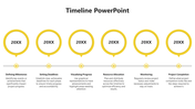 Horizontal timeline featuring six yellow outlined circles labeled 20XX, connected to a line with captions areas.