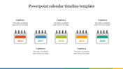 Timeline with five calendar icons in red, blue, green, orange, and teal, representing the years 2016 to 2020.