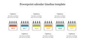 Calendar timeline with colored calendar icons for years 2016 to 2021, each linked to a caption above or below. 