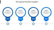 Four step timeline with blue circular markers labeled 2018 to 2021, aligned on a horizontal line with captions.