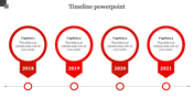Horizontal timeline with red markers for the years 2018 to 2021, each containing placeholder text.