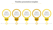 Timeline PPT presentation template with five yellow circles from 2018 to 2022 and text placeholders on a white backdrop.