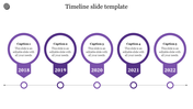 Timeline slide featuring five purple markers for years 2018 to 2022, arranged in a horizontal layout with captions.