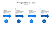 Timeline PowerPoint template with four blue arrows marking milestones from 2017 to 2020 and captions with placeholder text.