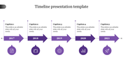 Timeline presentation template featuring 2017 to 2021 with icons and captions for each milestone.