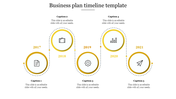 Business plan timeline slide with 5 milestone years from 2017 to 2021, connected by a dotted path with yellow circular icons.