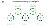 Vertical zigzag timeline from 2017 to 2021 featuring green outlined circles with icons and captions areas for each year.