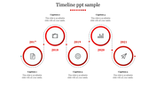 Timeline with five red circular milestones from 2017 to 2021, each with icons and text, connected in a curved dotted line.