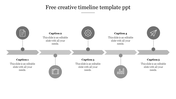 Gray themed timeline with five circular icons, each connected by dashed arrows, with text sections beneath.