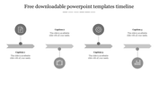 Timeline PPT template with four arrows and grey icons with captions and descriptions on a white backdrop.