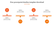 Timeline with four orange circular icons, connected by dashed arrows, featuring caption spaces.