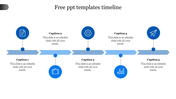 A blue timeline with five circular icons, connected by arrows, each with captions on both sides.