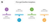 Timeline PPT template with four colorful milestone icons, horizontal banners, and text sections on a white backdrop.