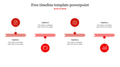 Minimalist timeline with four red icons connected to a horizontal ribbon, each linked to captions above for key events.