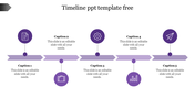 Timeline slide showcasing five sections with purple colored icons and space for captions.